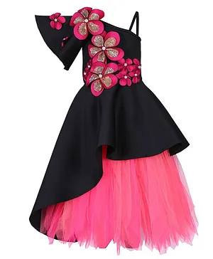 TINY MINY MEE Sleeveless Floral Applique Side High Low Top With Tutu Skirt - Black