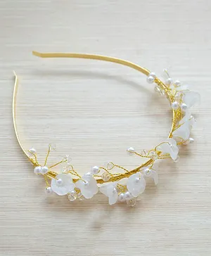 Pretty Ponytails Beads And Flower Embellished  Hair Band - Gold White