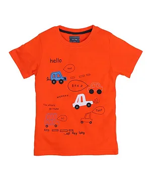 Hop n Jump Half Sleeves Car Print T Shirt - Orange