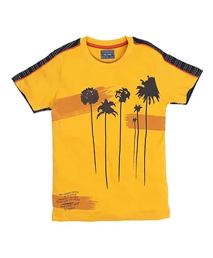Hop n Jump Half Sleeves Boys  Tree Print Tshirt - Mustard