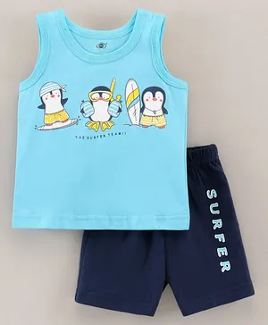 Zero Sleeveless T-Shirt & Short Set Penguin Print - Aqua