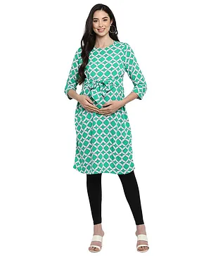 Momsoon Three Fourth Sleeves Printed Maternity Tunic Dress - Green White