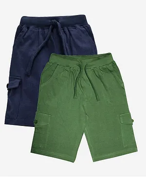 Kiddopanti Pack Of 2 Knee Length Solid Cargo Shorts - Navy Military Green