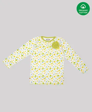 Nino Bambino 100% Organic Cotton Full Sleeves Printe Top With Floral Applique - Cream Green