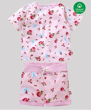 Nino Bambino 100% Organic Cotton Half Sleeves Floral Print T Shirt And Shorts - Pink