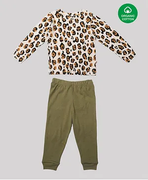 Nino Bambino 100% Organic Cotton Full Sleeves Leopard Print T Shirt And Pyjama - Cream Green