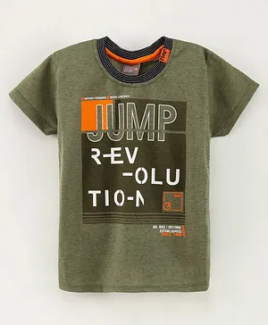 Little Kangaroos Half Sleeves Cotton T-Shirt Text Print - Olive