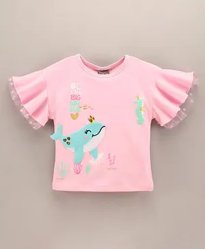 Little Kangaroos Half Sleeves Cotton Whale Patch and Sea Animal Print Top - Pink