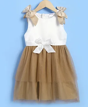 Kookie Kids Sleeveless Layered Frock with Bow Appliques - Brown