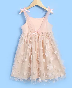 Kookie Kids Singlet Sleeves Frock with Floral Applique and Net Detailing - Cream