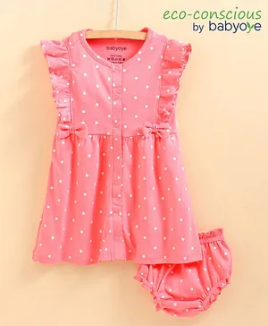 Babyoye Sleeveless Cotton Frock With Bow Applique With Bloomer Dot Print - Pink