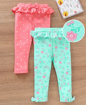 Babyoye Cotton Leggings Floral And Dot Print Pack Of 2 - Pink Green