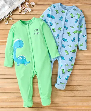 Babyoye Full Sleeves Footed Cotton Sleep Suit Dino Print - Blue Green