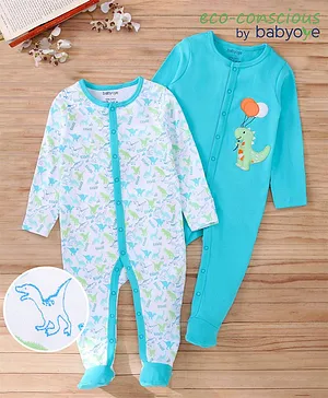 Babyoye Full Sleeves Footed Sleepsuits Dino Print & Embroidery Pack Of 2 - Blue White