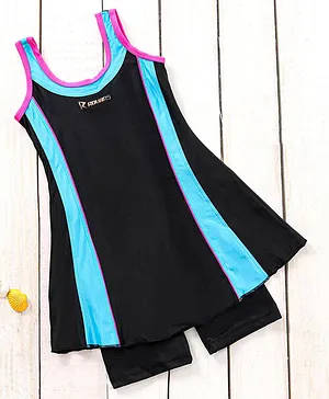 Rovars Sleeveless Frock Style Swimsuit With Attached Shorts - Black Blue