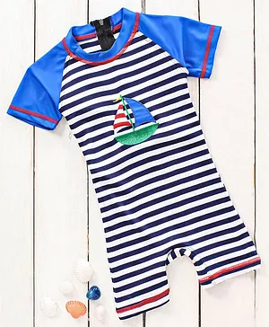 ROVARS Half Sleeves Legged Striped with Patch Swimsuit - Royal Blue