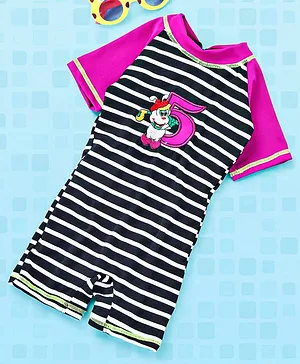 ROVARS Half Sleeves Legged Striped with Patch Swimsuit - Pink