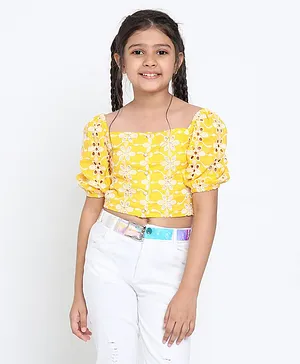 Natilene Half Sleeves Floral Detail Schiffly Top - Yellow