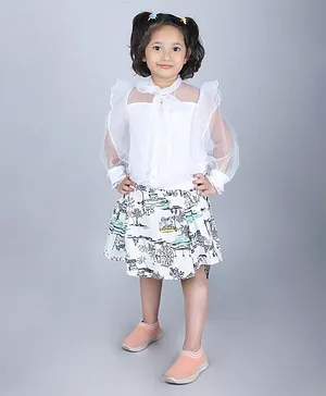 Beyabella Full Sleeves Top With All Over Printed Skirt - White