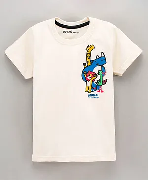 Doreme Half Sleeves Cotton T-Shirt  Animal Super Friends Dual Side Print - White