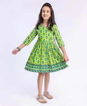 Pine Kids Three Fourth Sleeves Ethnic Dress Floral Print - Lime