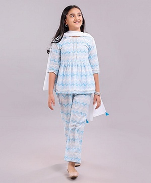 Pine Kids Three Fourth Sleeves Printed Kurta & Salwar with Duppatta - White Blue