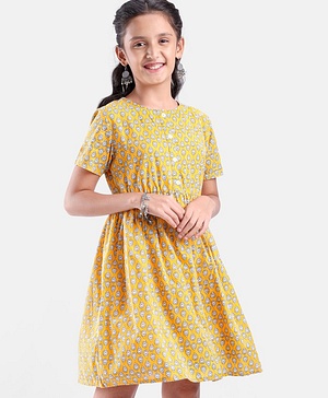 Pine Kids Half Sleeves Printed Ethnic Dress- Yellow