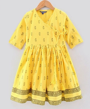 Pine Kids Three Fourth Sleeves Ethnic Dress Floral Print - Yellow