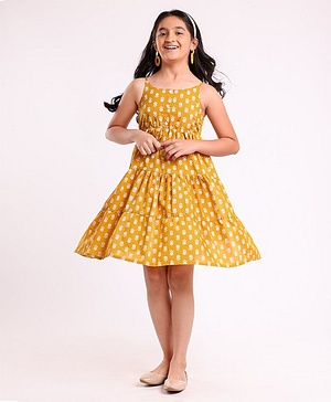 Pine Kids Singlet Sleeves Cotton Floral Printed Ethnic Dress - Mustard