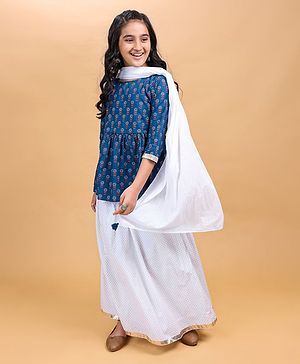 Pine Kids Full Sleeves Cotton Printed Kurti and Polka Dot Lehenga - Blue