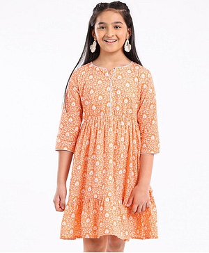Pine Kids 3/4th Sleeves Cotton Ethnic Dress Floral Print - Coral Orange