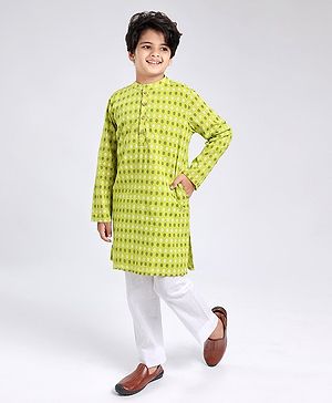 Pine Kids Full Sleeves Cotton Printed Kurta and Pyjama Set - Green