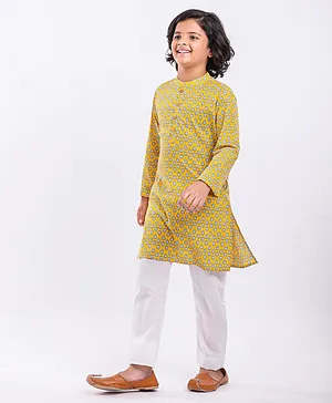 Pine Kids Full Sleeves Printed Kurta & Pyjama Set - Yellow White