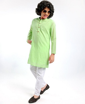 Pine Kids Full Sleeves Cotton Kurta Pajama Set Solid - Green