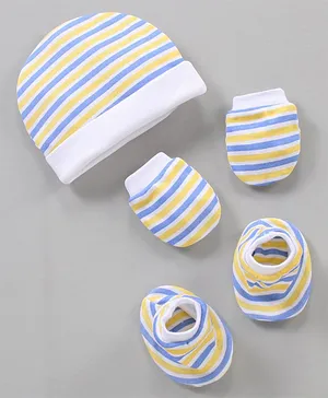 Ben Benny Cap Mittens & Booties Set Striped White Yellow Blue - Diameter 8.5 cm