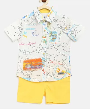 Nauti Nati Half Sleeves Cape Town Map Print Shirt & Solid Shorts Set - White & Yellow