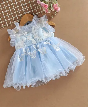 Kookie Kids Sleeveless Flared Netted Butterfly Embroidery and Applique Frock with Pearls - Blue