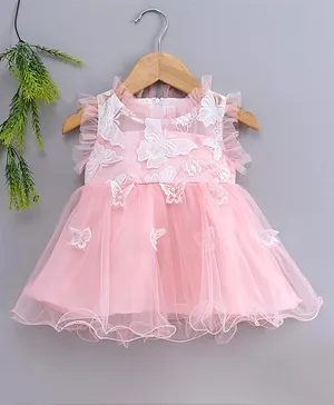 Kookie Kids Sleeveless Flared Netted Butterfly Embroidery and Applique Frock with Pearls - Pink