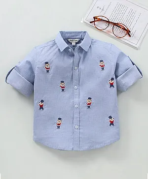 ToffyHouse Full Sleeves Cotton Embroidered Shirt - Blue