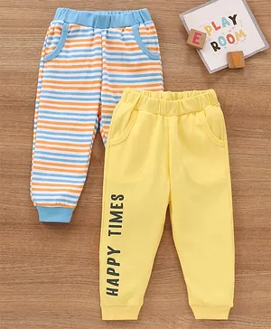 Babyoye Cotton Knit Full Length Lounge Pant Text Print & Striped Pack of 2 - Blue Yellow