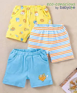 Babyoye 100% Cotton Eco-conscious Shorts Stripes & Food Print Pack of 3 - Blue Yellow