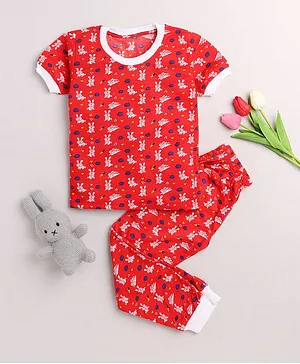 ROYAL BRATS Half Sleeves Bunny Print Night Suit - Red