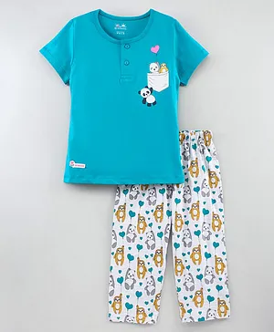 Niomoda Half Sleeves Nightwear Pajama Set Animal Printed - Blue White