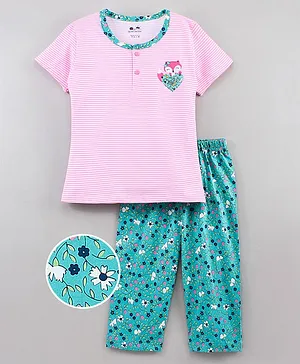 Niomoda Half Sleeves Nightwear Pajama Set Stripes & Floral Printed - Pink Aqua Green