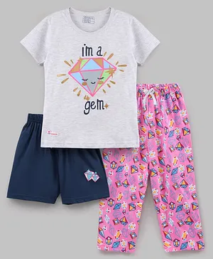Niomoda Half Sleeves Cotton Nightwear Pajama Set with Shorts Printed - Grey Blue Pink