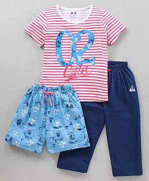 NIOMODA Half Sleeves T Shirt with Pyjama and Shorts Set of 3 - Pink Blue