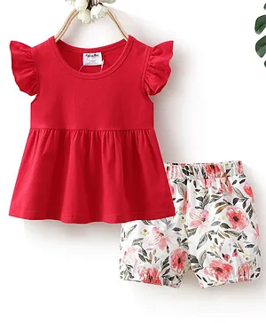 Kookie Kids Short Sleeves Top & Floral Print Short - Red