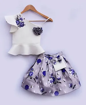 Fashion Totz Sleeveless Floral Print Crop Top And Skirt With Floral And Bow Applique - White Grey