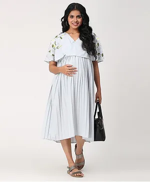 CHARISMOMIC Half Sleeves Luxe Floral Embroidered Accordion Pleated Maternity And Nursing Dress - Grey