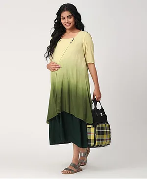 CHARISMOMIC Half Sleeves Blossom Ombre Maternity And Nursing Dress - Green